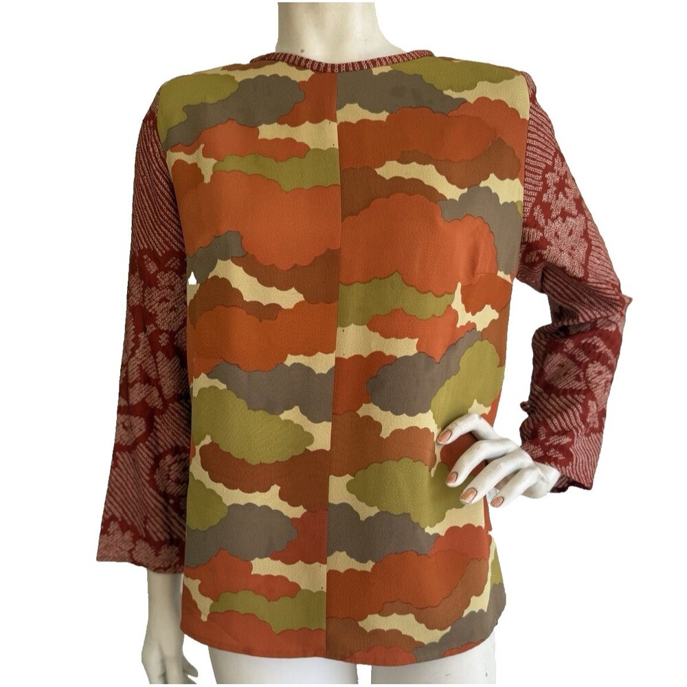 MONTSUKI Vintage Japanese Silk Kimono Tunic Top Art to Wear Multi Color Size M